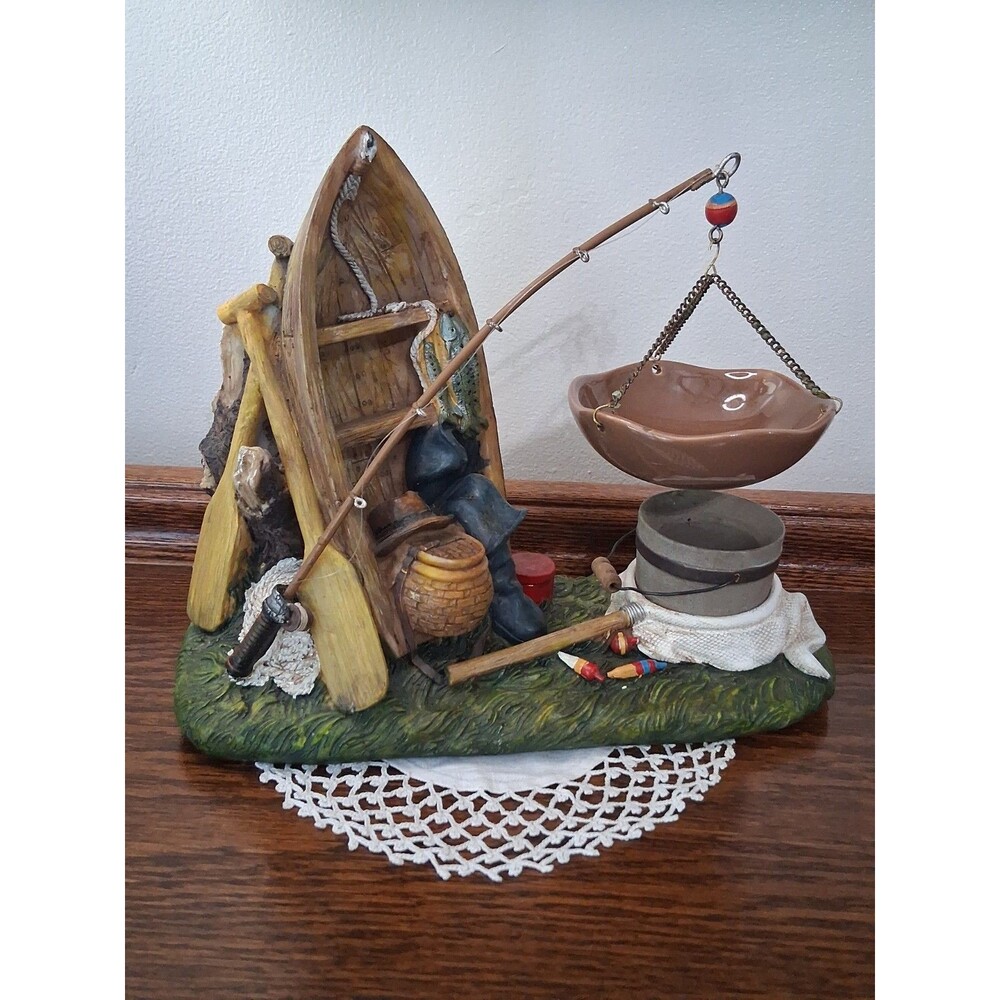 Vtg. Yankee Candle Holder, Tart Burner, Hang. Basket, "Fishing Boat", 8", T/B-P2